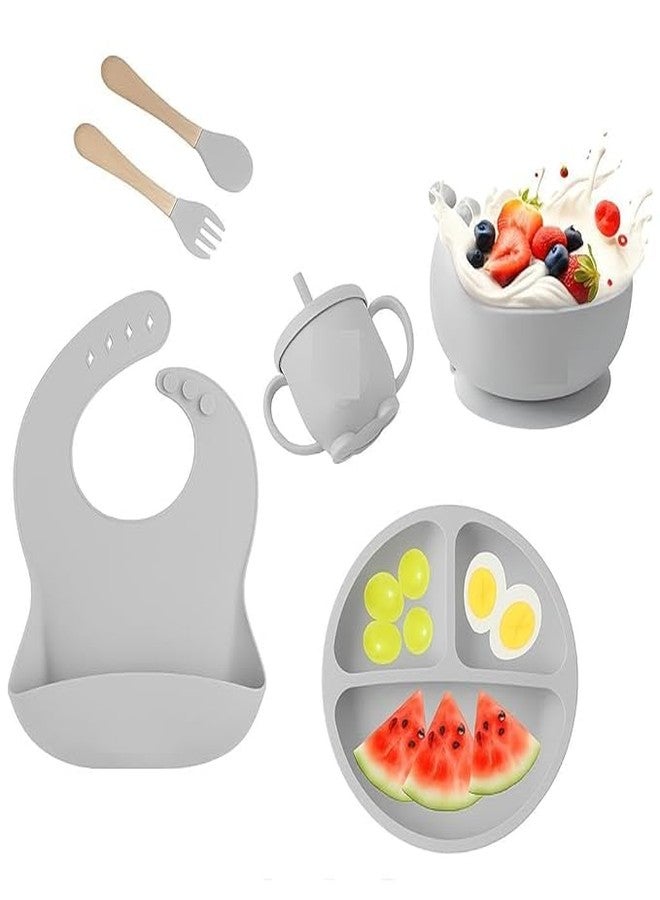 JAMBUVANTI 6pcs Silicone Baby Feeding Set – 3Compartment Suction Plate, Suction Bowl, Deep Pocket Bib, Spoon & Fork, Sippy Cup – BPA Free & Non Toxic, Dishwasher Safe, 6+ Months (Grey) - Image 1