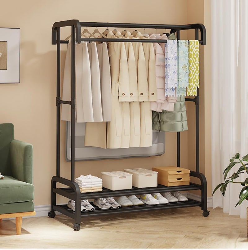 TMOHRA Double Rods Clothes Rack Clothing Rack With Wheels Garment Rack for Hanging Clothes Multifunctional Heavy Duty Clothes Organizer with Hooks for Bedroom,Laundry,Wardrobe Closet,Shop (Black) - Image 3