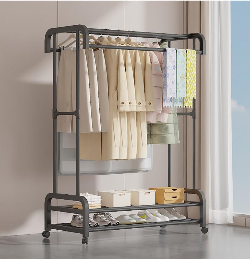 TMOHRA Double Rods Clothes Rack Clothing Rack With Wheels Garment Rack for Hanging Clothes Multifunctional Heavy Duty Clothes Organizer with Hooks for Bedroom,Laundry,Wardrobe Closet,Shop (Black) - Image 1
