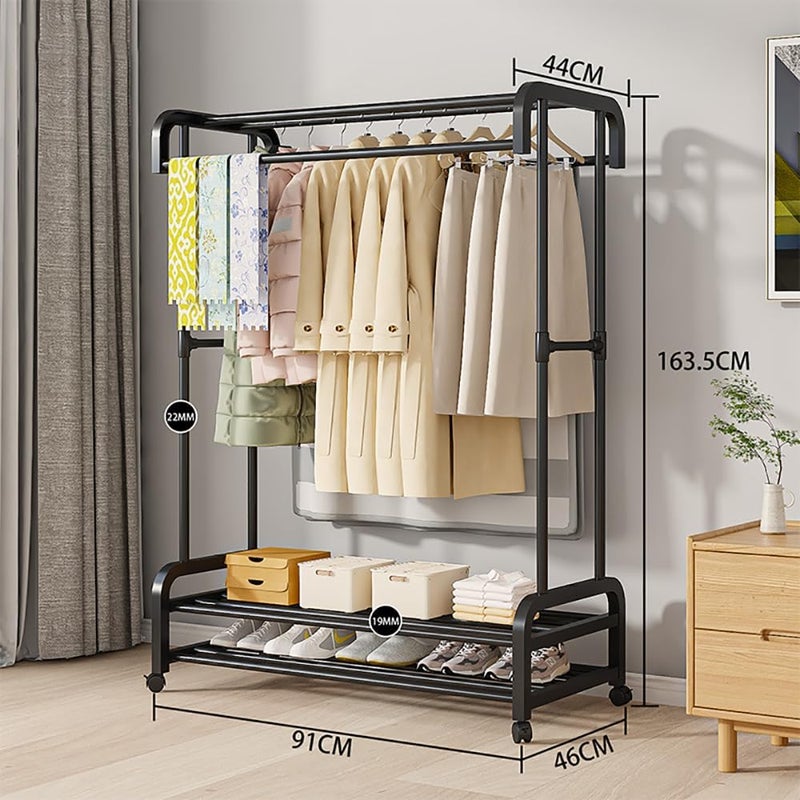 TMOHRA Double Rods Clothes Rack Clothing Rack With Wheels Garment Rack for Hanging Clothes Multifunctional Heavy Duty Clothes Organizer with Hooks for Bedroom,Laundry,Wardrobe Closet,Shop (Black) - Image 2