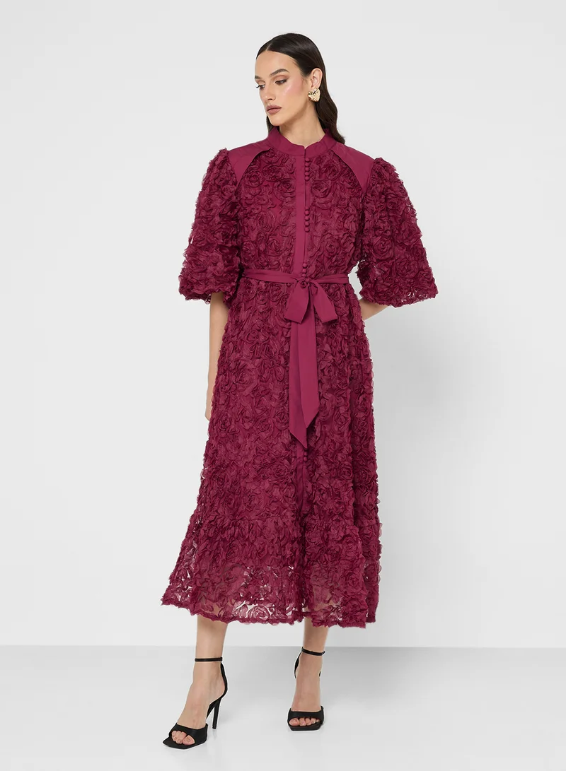 Khizana 3D Floral Shirt Dress With Puff Sleeves