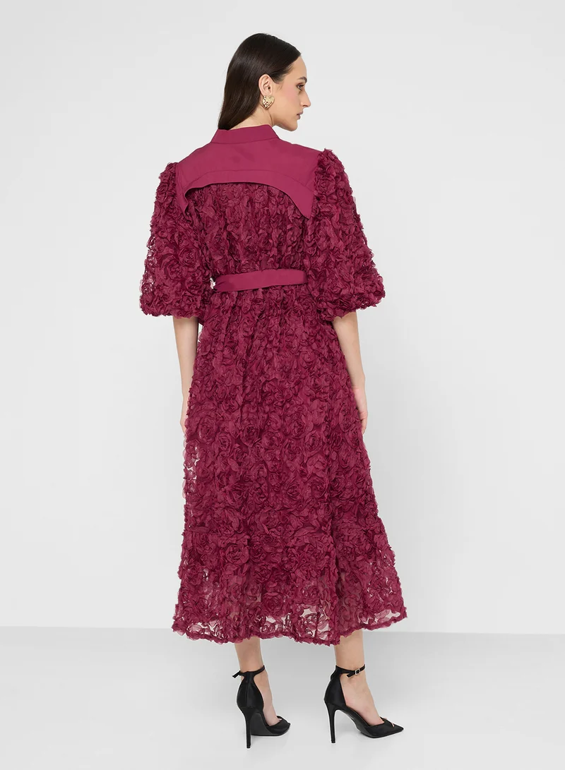 Khizana 3D Floral Shirt Dress With Puff Sleeves
