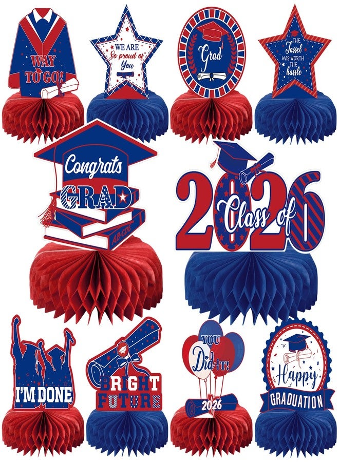 MOORAY 10PCS Graduation Party Decorations Class of 2026 Congrats Grad Table Centerpieces Congratulate Graduation Honeycomb Table Toppers for Graduation Party Supplies(Blue Red) - Image 1