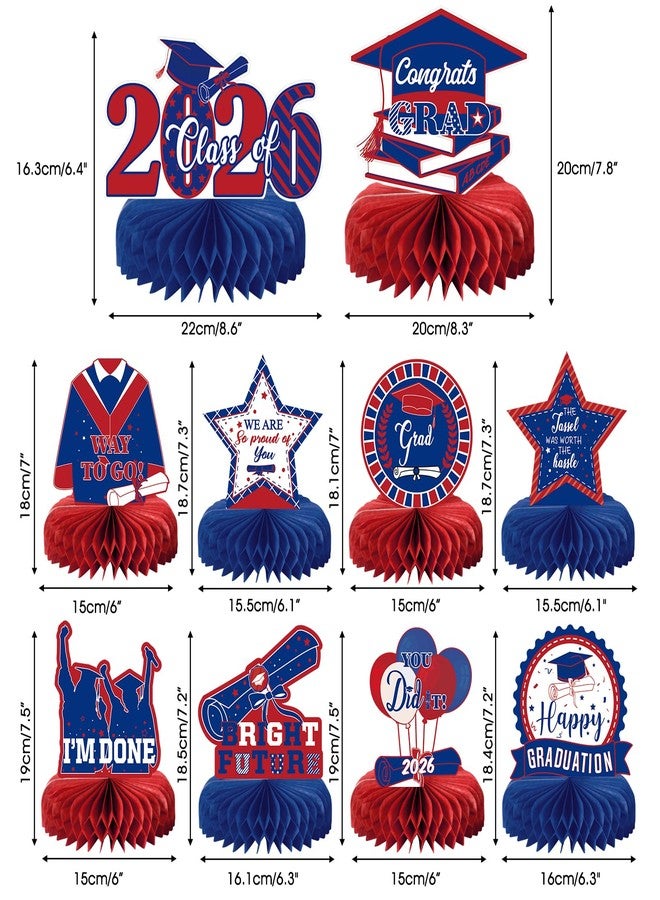 MOORAY 10PCS Graduation Party Decorations Class of 2026 Congrats Grad Table Centerpieces Congratulate Graduation Honeycomb Table Toppers for Graduation Party Supplies(Blue Red) - Image 2
