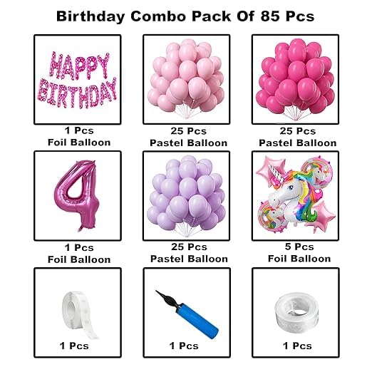 BRIJBAZAAR Unicorn Theme Fourth 4th Birthday Decoration Items For Girls Party Decoration Kit Balloon Combo Pack Of 85 Pcs Pink - Image 2