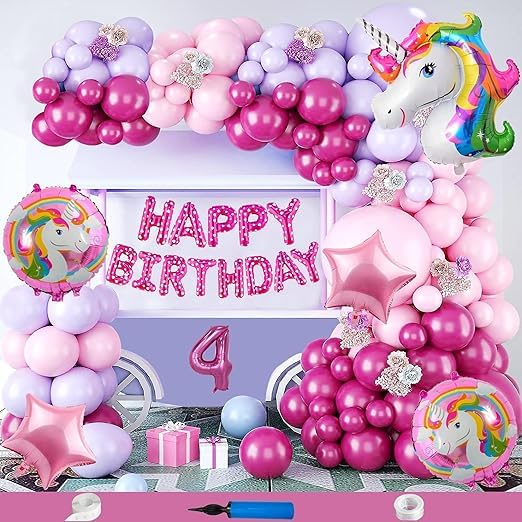 BRIJBAZAAR Unicorn Theme Fourth 4th Birthday Decoration Items For Girls Party Decoration Kit Balloon Combo Pack Of 85 Pcs Pink - Image 1