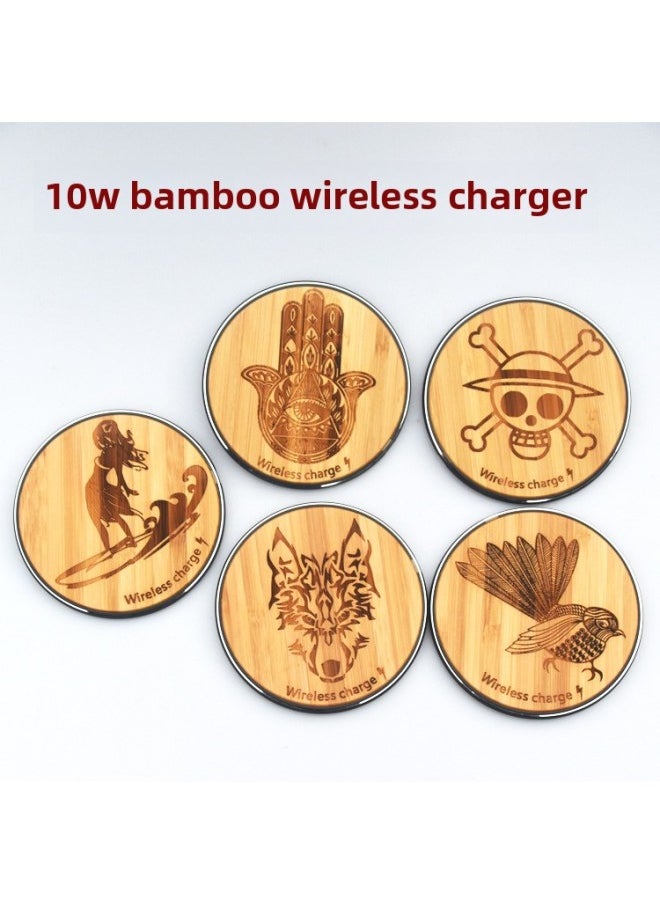 Generic - Wooden Laser Carving Wireless Charger 10W For Apple Samsung Mobile Phone Wireless Fast Charging Bamboo Wood Laser Carving-Color:Pirate King Bamboo - Image 1