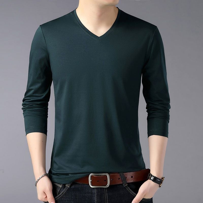 V-Neck Long-Sleeve T-Shirt For Men, Plus Size, New Trendy Thin Base Shirt - Image 3