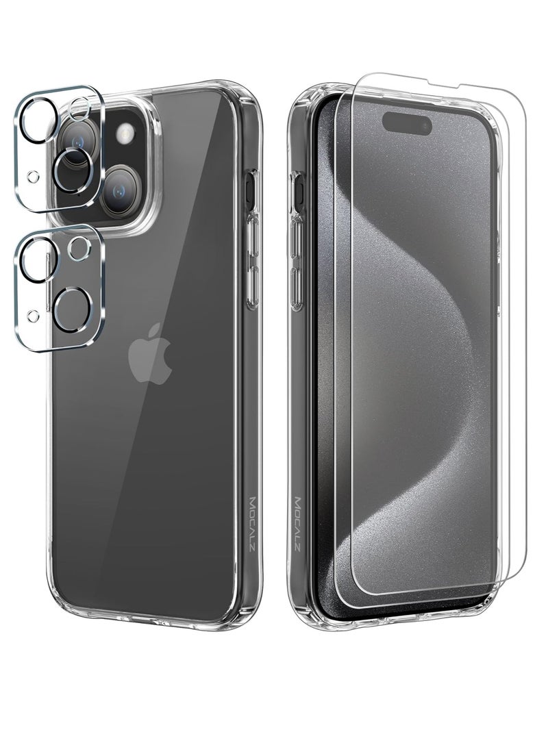 ELTRAZONE iPhone 15 Plus Clear Case – Non-Yellowing, Military Grade Protection, Includes 2X Tempered Glass Screen Protectors & 2X Camera Lens Protectors, Shockproof with Air-Guard Corners - Image 1