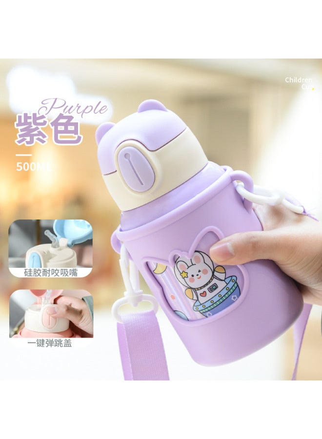 Stainless Steel Dual-purpose Suction Tube Cup Thermos Cartoon Creative Student Children's Strap Kettle Baby's Cold-keeping Engraving