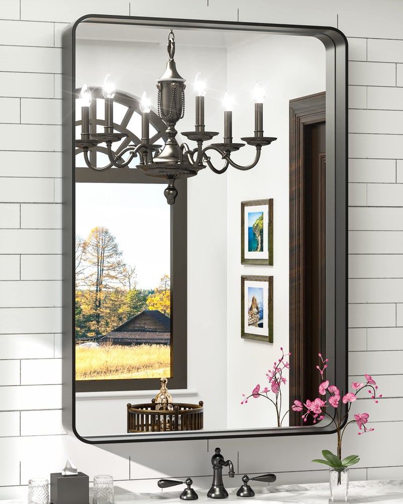 TokeShimi 24 x 36 Inch Black Mirror Wall Mirror for Bathroom Black Metal Frame Decorative Rectangular Wall Mounted Home Decor Corner Hangs HorizontalVertical