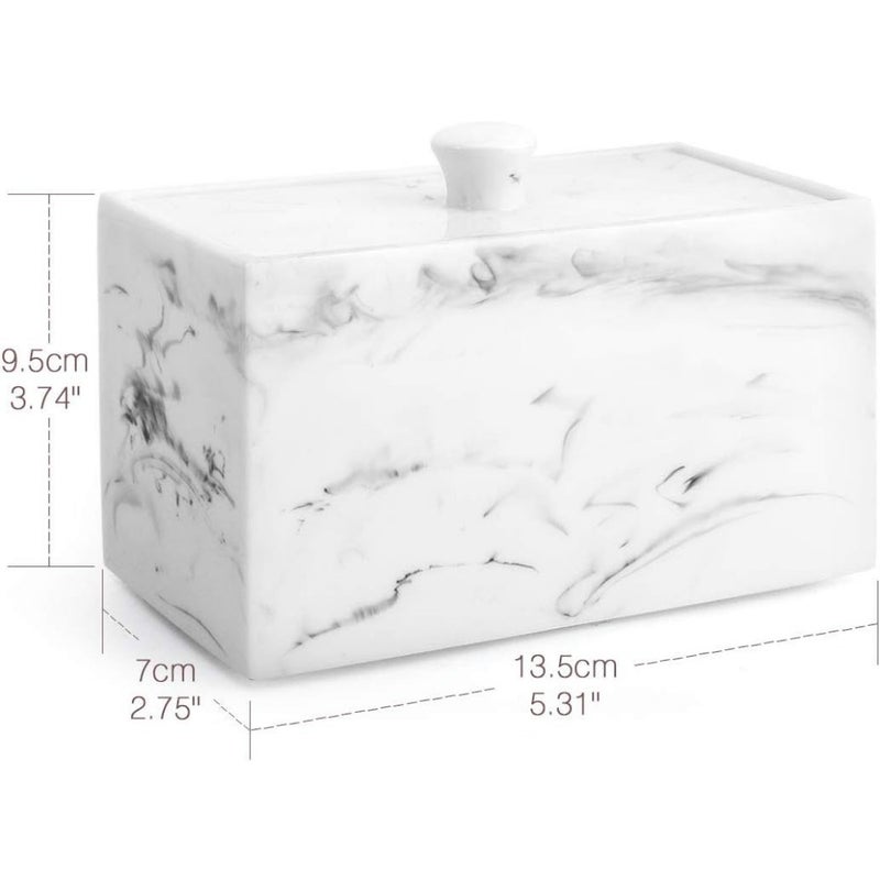 Cotton Bud Holder, Resin Cotton Swab Holder Makeup Pads Container Cotton Ball Box Bathroom Jar with Lid, 2 Compartments Q Tips Holder Cotton Buds Dispenser Makeup Organizer, Marble White - Image 5