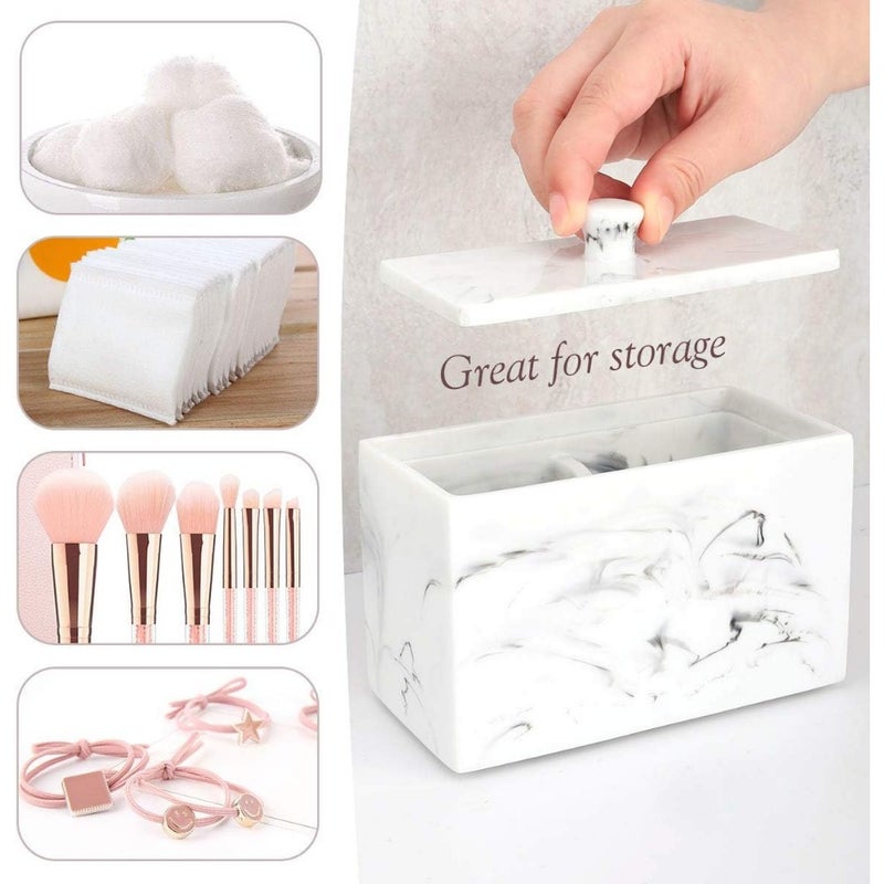Cotton Bud Holder, Resin Cotton Swab Holder Makeup Pads Container Cotton Ball Box Bathroom Jar with Lid, 2 Compartments Q Tips Holder Cotton Buds Dispenser Makeup Organizer, Marble White - Image 3