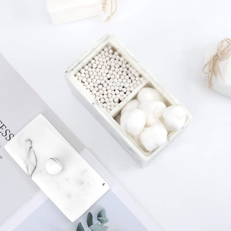 Cotton Bud Holder, Resin Cotton Swab Holder Makeup Pads Container Cotton Ball Box Bathroom Jar with Lid, 2 Compartments Q Tips Holder Cotton Buds Dispenser Makeup Organizer, Marble White - Image 2