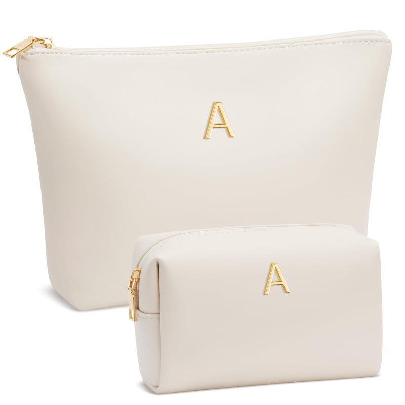 CLOUDWINGS Easter Basket Gifts for Women Girlfriend Initial Makeup Bag for Teen Girls Personalized Gifts for Friend Teacher Mom Wife Cosmetic Travel Toiletry Bag(Beige,A) - Image 1