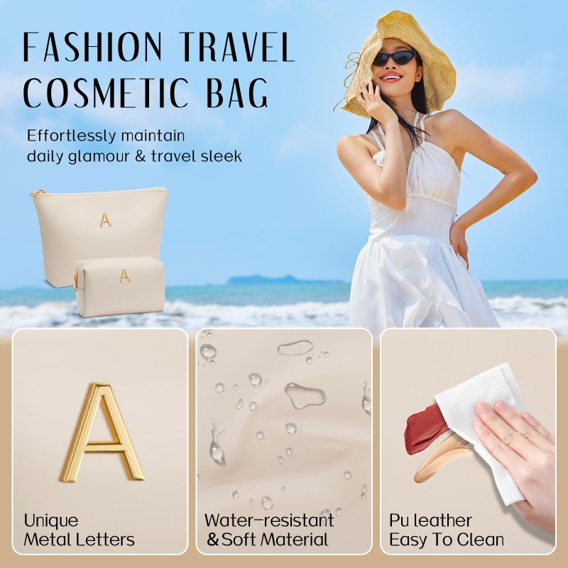 CLOUDWINGS Easter Basket Gifts for Women Girlfriend Initial Makeup Bag for Teen Girls Personalized Gifts for Friend Teacher Mom Wife Cosmetic Travel Toiletry Bag(Beige,A) - Image 3