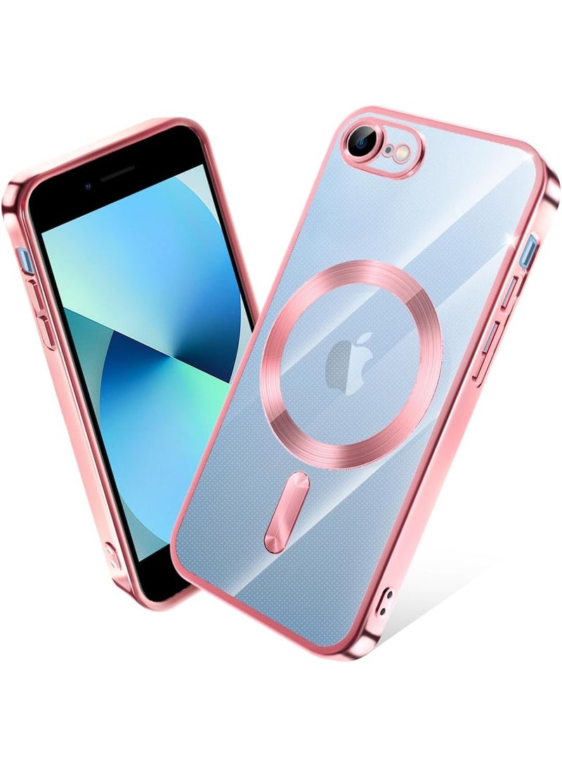 جراب مطلي بالكهرباء لهاتف iPhone 7/8/Se 2020/2022 مع حماية كاملة لعدسة الكاميرا متوافق مع الشحن اللاسلكي MagSafe، غطاء مغناطيسي ناعم مقاوم للصدمات من مادة TPU لهاتف iPhone (ذهبىي وردي)