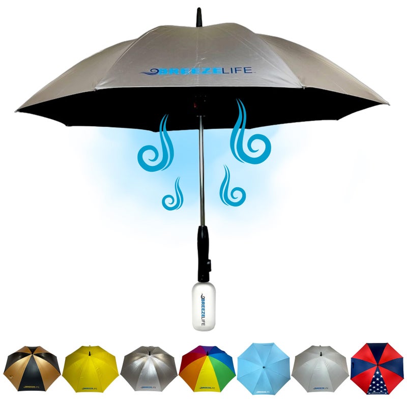 Breezelife Breeze Life Original Mister Breeze Sun Umbrella with Fan and Mister Umbrella Mister with Builtin Fan for Festivals Beach and More Blocks Harmful Sun Rays Mist bottle included Silver