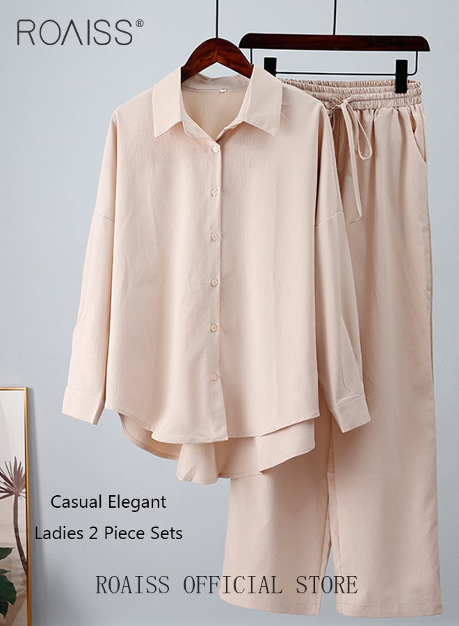 roaiss Ladies Comfortable Cotton Linen 2 Piece Suit for Women Daily Commute Shirt and Wide Leg Pants Set with Simple Loose Fit Design for Leisure - Image 1