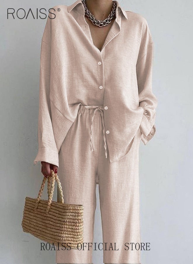 roaiss Ladies Comfortable Cotton Linen 2 Piece Suit for Women Daily Commute Shirt and Wide Leg Pants Set with Simple Loose Fit Design for Leisure - Image 3