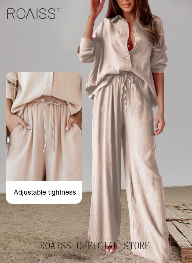 roaiss Ladies Comfortable Cotton Linen 2 Piece Suit for Women Daily Commute Shirt and Wide Leg Pants Set with Simple Loose Fit Design for Leisure - Image 4