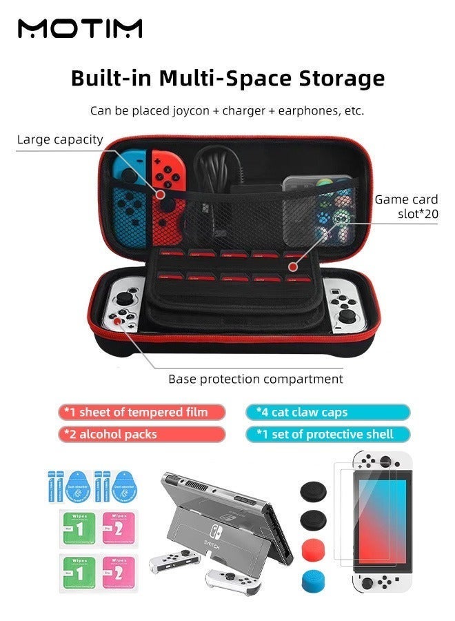 Motim 10-in-1 Switch Carrying Case for Nintendo Switch OLED, Include Switch OLED Accessories Bundle Portable Protective Case, Screen Protector and Thumb Grip Caps, Hard Cover Case and Portable Carry Bag with Game Holders - Image 1