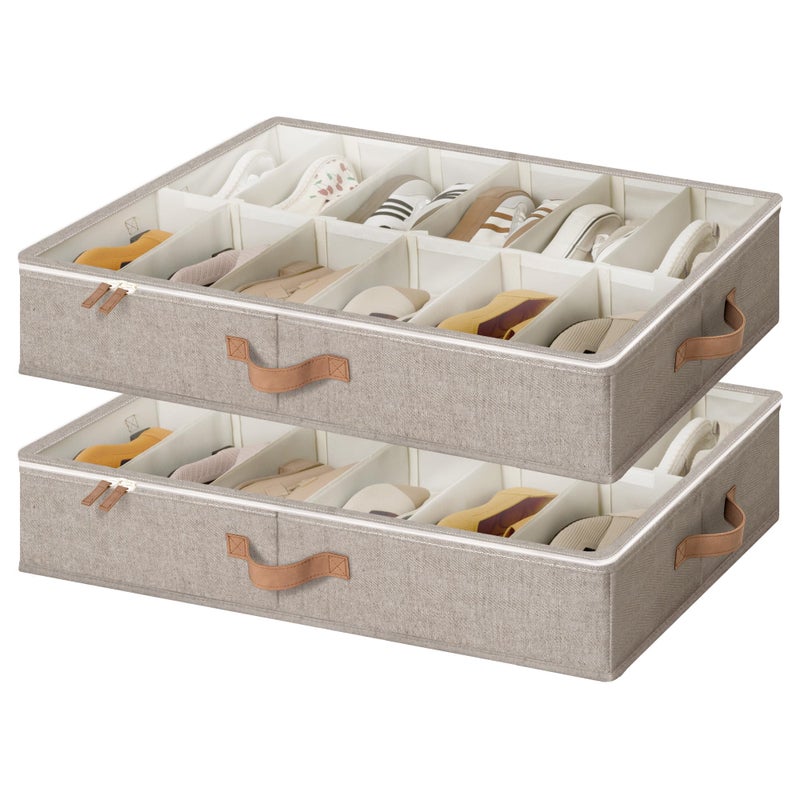 StorageWorks Shoe Organizer for Closet, Fits up to 24 Pairs, 2-Pack Ultra-thick Fabric Under Bed Shoe Storage Containers with Bottom Support and Adjustable Dividers, Taupe - Image 1