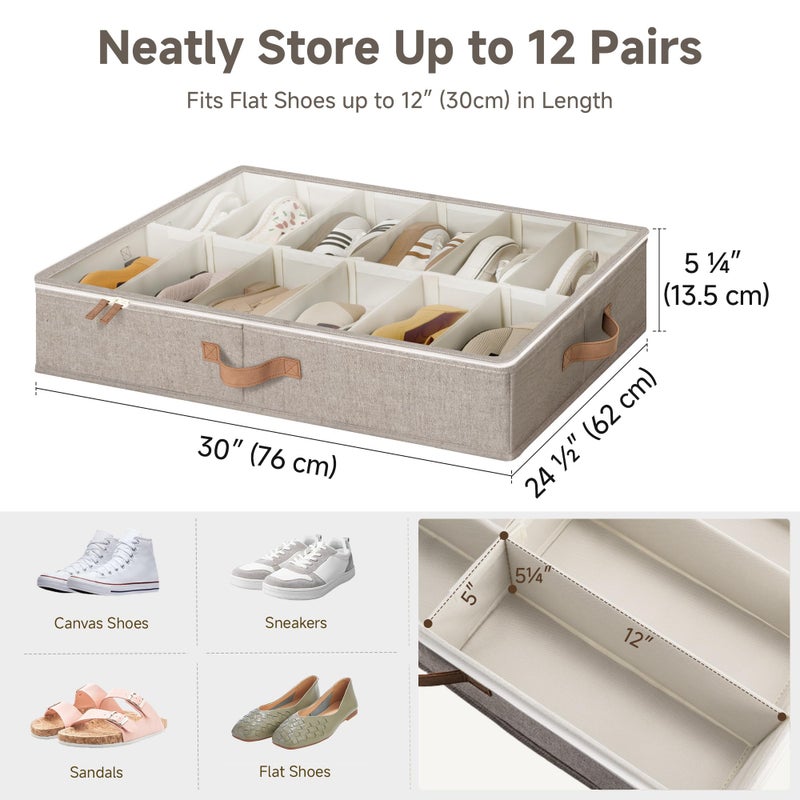 StorageWorks Shoe Organizer for Closet, Fits up to 24 Pairs, 2-Pack Ultra-thick Fabric Under Bed Shoe Storage Containers with Bottom Support and Adjustable Dividers, Taupe - Image 3