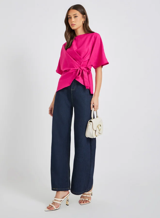 Take Two Solid Asymmetric Hem Wrap Blouse
