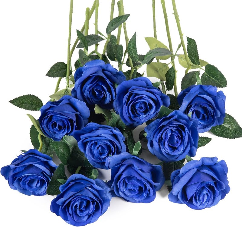 Flojery 10pcs Royal Blue Silk Roses Artificial Rose Flowers Long Stem for DIY Wedding Bouquet Table Centerpiece Home Decor (Royal Blue) - Image 1