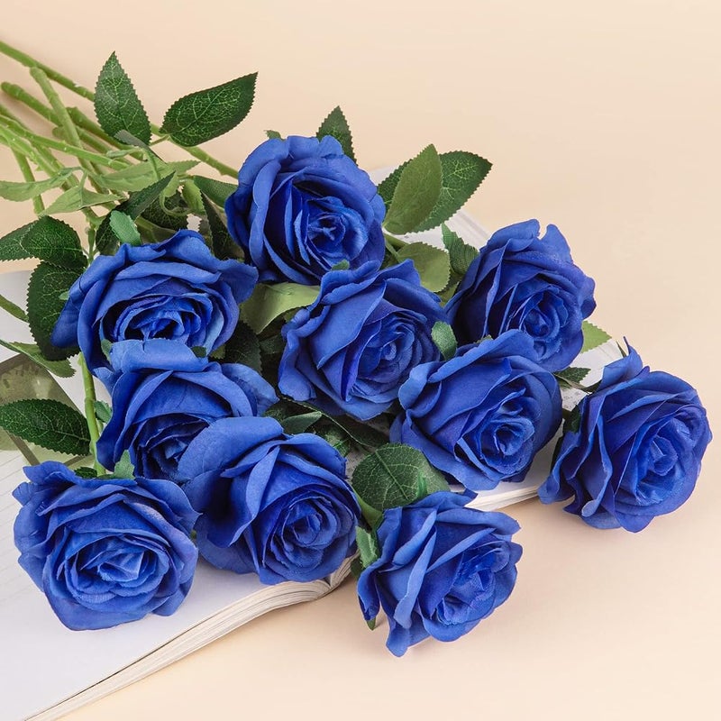 Flojery 10pcs Royal Blue Silk Roses Artificial Rose Flowers Long Stem for DIY Wedding Bouquet Table Centerpiece Home Decor (Royal Blue) - Image 2