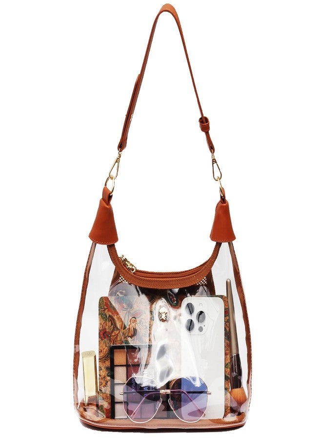ESVAN Clear Shoulder Bags for Women, Stadium Approved Cute Hobo Tote Crossbody Handbag Mini Clutch Purse (Brown) - Image 1