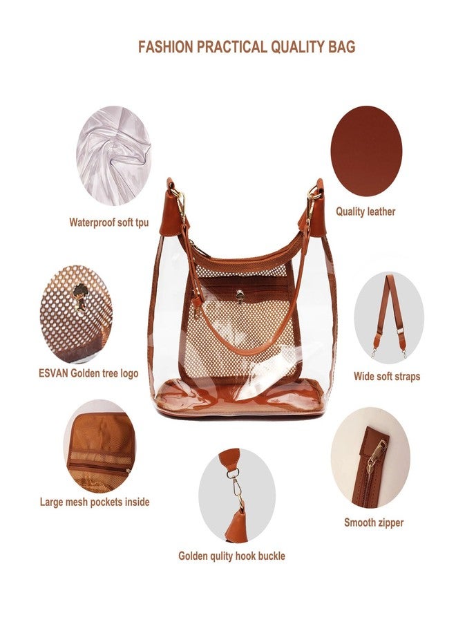 ESVAN Clear Shoulder Bags for Women, Stadium Approved Cute Hobo Tote Crossbody Handbag Mini Clutch Purse (Brown) - Image 3