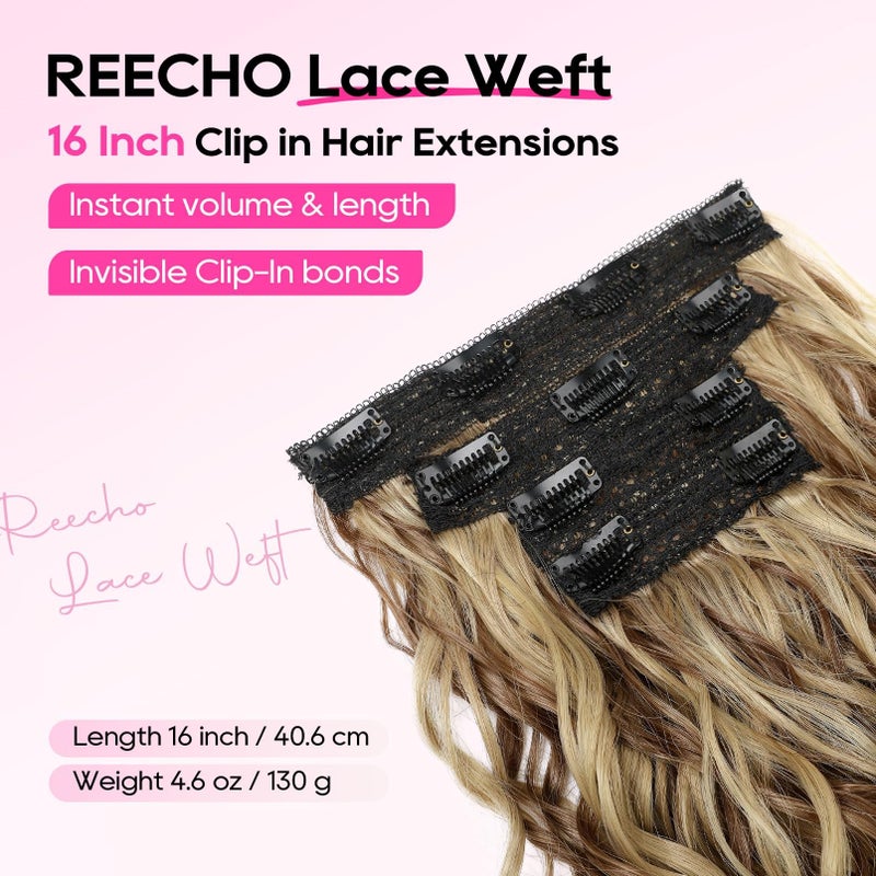REECHO Curly Hair Extensions, 4PCS 16 inch Clip in Hair Extensions Lace Weft Short Curly Extension Clip Ins Invisible Natural Hairpieces for Women, Brown with Deep Blonde Highlights - Image 2