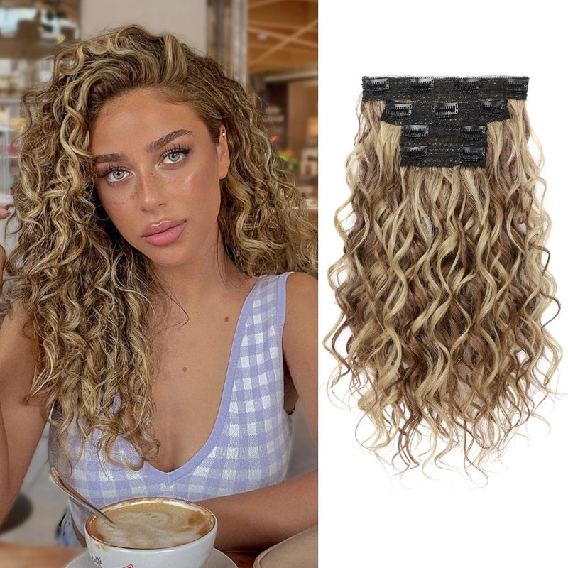 REECHO Curly Hair Extensions, 4PCS 16 inch Clip in Hair Extensions Lace Weft Short Curly Extension Clip Ins Invisible Natural Hairpieces for Women, Brown with Deep Blonde Highlights - Image 1