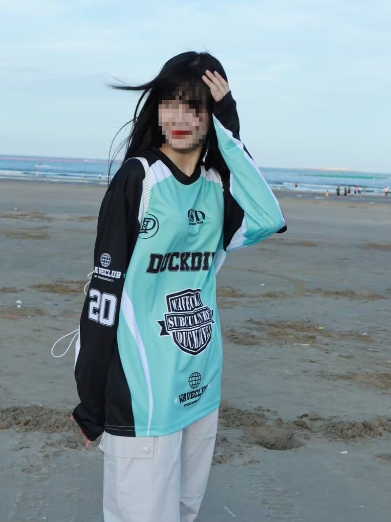 Explosions American Retro Jersey Street Printed Loose Long-Sleeved T-Shirt Women'S Mesh Color-Matching Dancing Top - Image 1