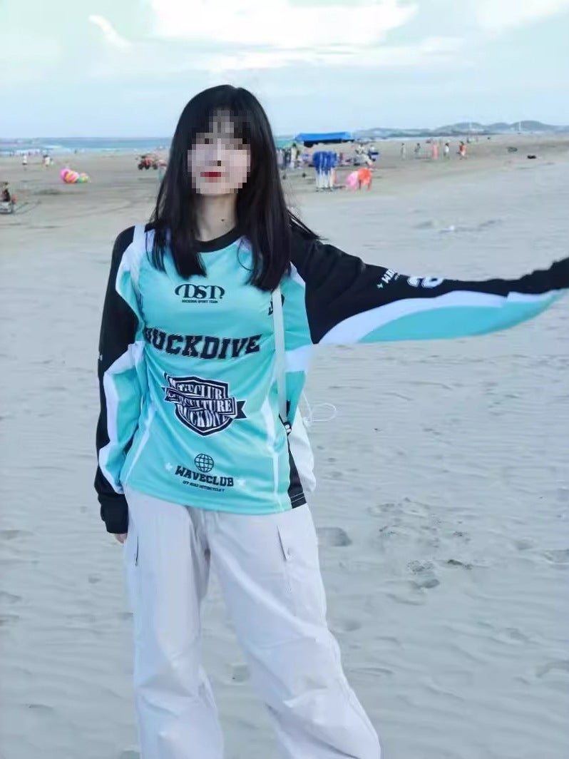 Explosions American Retro Jersey Street Printed Loose Long-Sleeved T-Shirt Women'S Mesh Color-Matching Dancing Top - Image 4