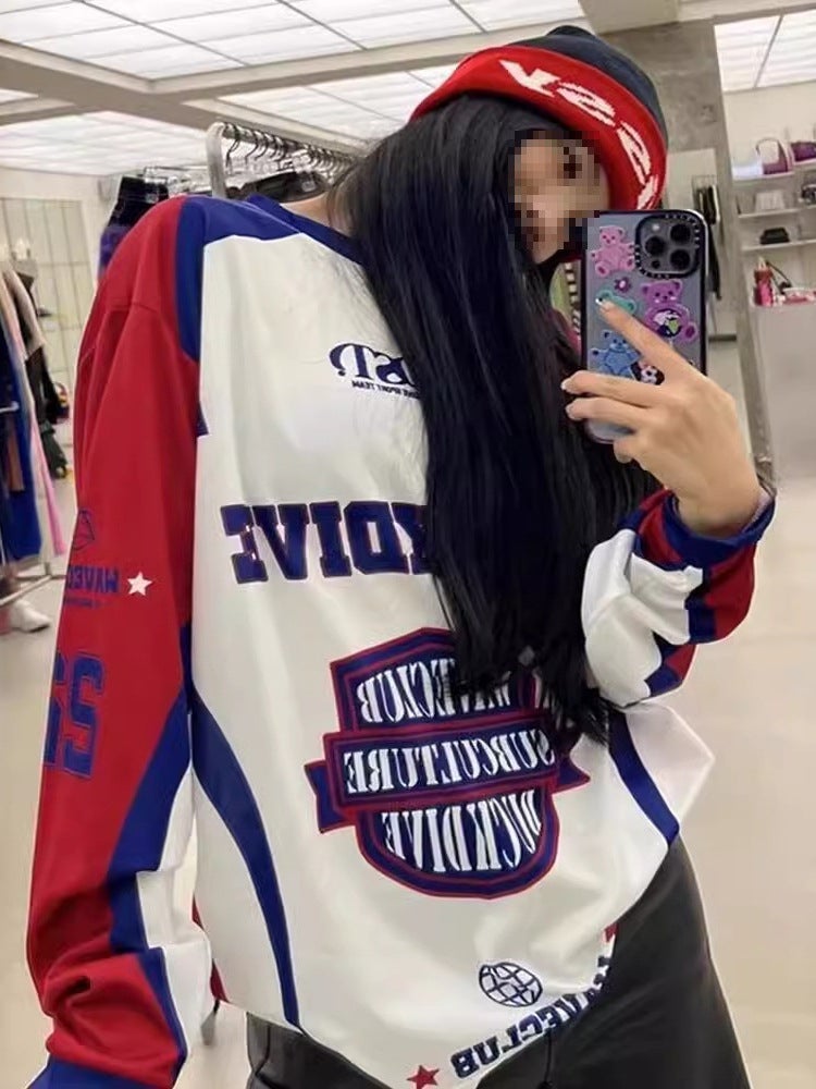 Explosions American Retro Jersey Street Printed Loose Long-Sleeved T-Shirt Women'S Mesh Color-Matching Dancing Top - Image 5
