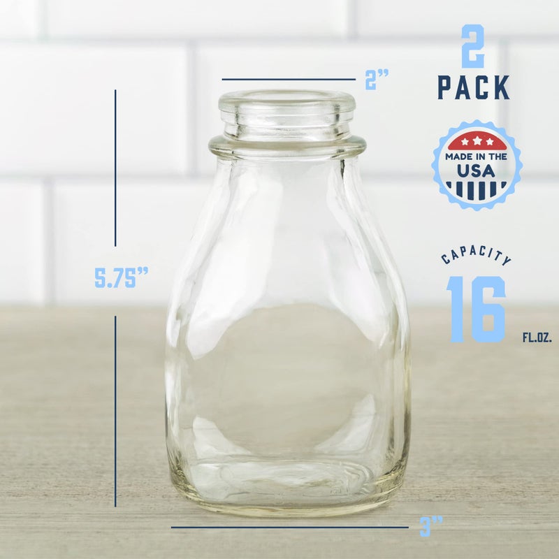 kitchentoolz 16 Oz Glass Milk Bottle with Lid - 16 Ounce Short and Wide Glass Milk Container for Refrigerator with Tamper Proof Lid and Pour Spout - Pack of 2 - Image 2