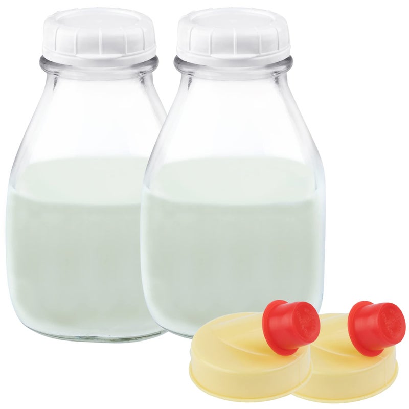 kitchentoolz 16 Oz Glass Milk Bottle with Lid - 16 Ounce Short and Wide Glass Milk Container for Refrigerator with Tamper Proof Lid and Pour Spout - Pack of 2 - Image 1