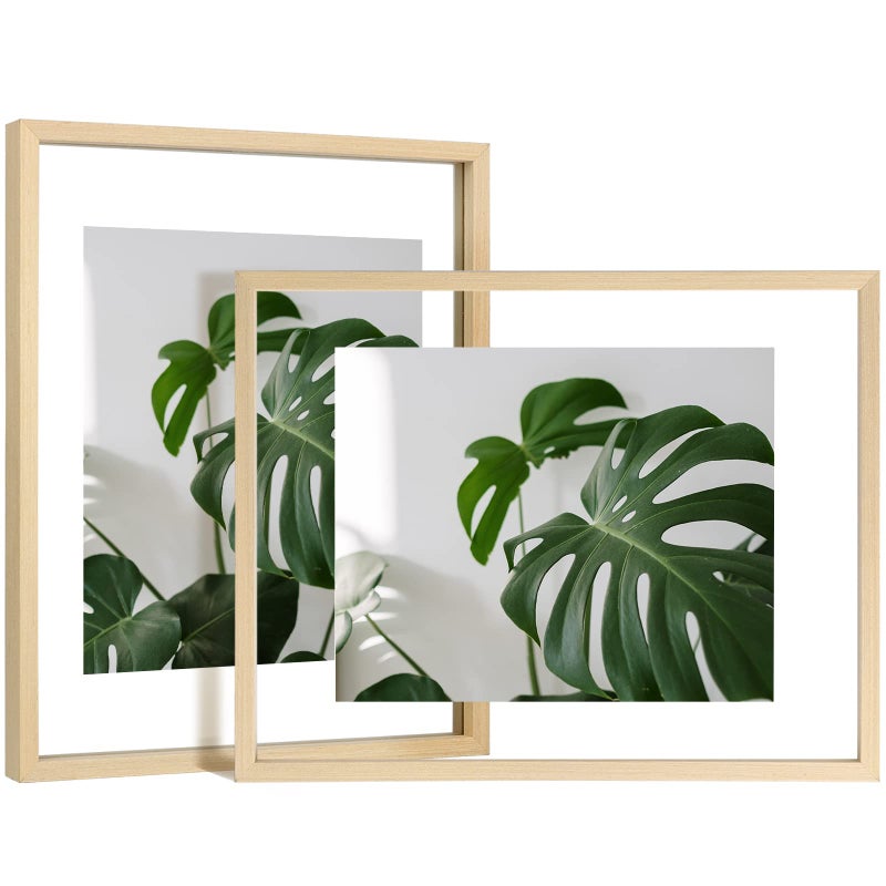 Egofine Egofine 11x14 Floating Frames Set of 2 Double Plexiglass Picture Frame Made of Solid Wood Display Any Size Photo up to 11x14 Wall Mount or Tabletop Standing Natural Wood 