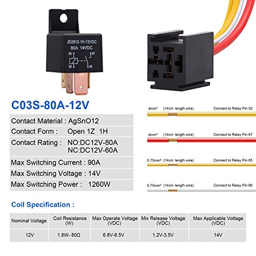 EHDIS 4Pin Car Truck Motor Heavy Duty 80A 12V OnOff Normally Open SPST Relay Socket Plug With Harness 4 Wire Automotive Model JD29121H12VDC 80A 14VDC Pack of 2 - Image 3