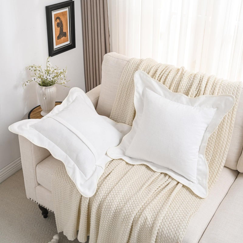 FUTEI White Decorative Throw Pillow Covers 18x18 Inch Set of 2,Double Stitch Scalloped Bordered Soft Chenille Cushion Cases,Modern Home Decor for Couch Bed Living Room - Image 5