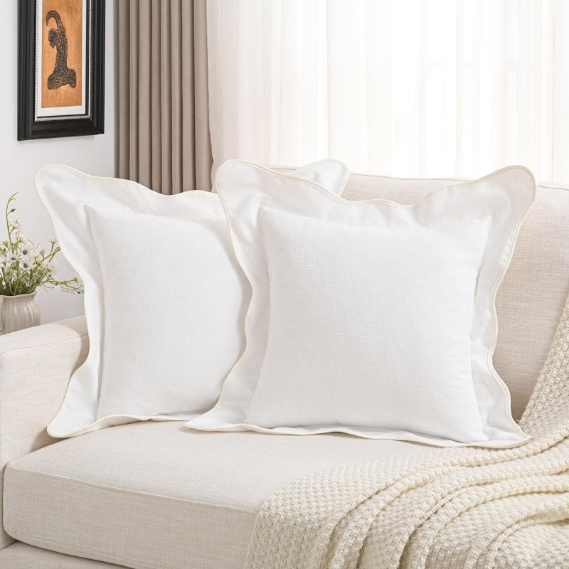 FUTEI White Decorative Throw Pillow Covers 18x18 Inch Set of 2,Double Stitch Scalloped Bordered Soft Chenille Cushion Cases,Modern Home Decor for Couch Bed Living Room - Image 1