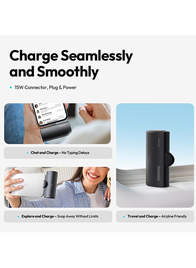 ROMOSS 5000.0 mAh MINI POWER BANK 15W BUILT-IN USB-C CONNECTOR + USB-C 15W IN/OUT - Black - Image 5