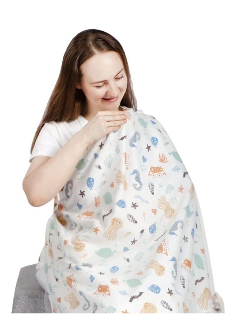 Nursing Cover for Baby Breastfeeding 100% Cotton Breathable Muslin with Adjustable Strap Apron Up 360°Full Coverage Mother (Sea Animal Pattern) - Image 1