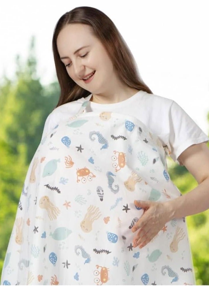 Nursing Cover for Baby Breastfeeding 100% Cotton Breathable Muslin with Adjustable Strap Apron Up 360°Full Coverage Mother (Sea Animal Pattern) - Image 2