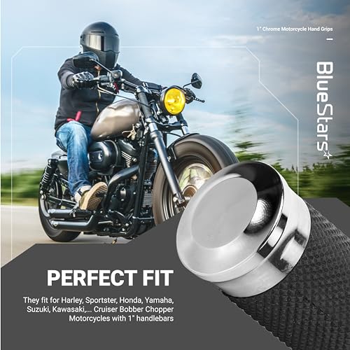 BlueStars 1" Chrome Motorcycle Hand Grips – Compatible with Harley Sportster Softail, Honda Yamaha Suzuki Kawasaki Cruiser Bobber Chopper – Nonslip Comfortable Durable Rubber - Image 3