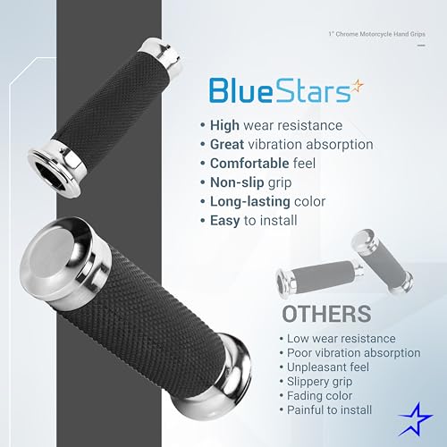 BlueStars 1" Chrome Motorcycle Hand Grips – Compatible with Harley Sportster Softail, Honda Yamaha Suzuki Kawasaki Cruiser Bobber Chopper – Nonslip Comfortable Durable Rubber - Image 2