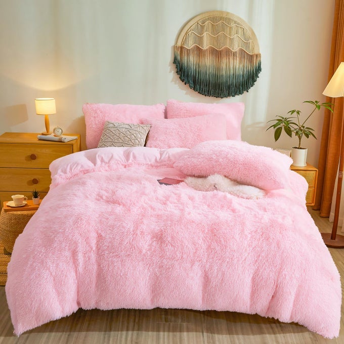 FLUFFY PINK COMFORTER COVER TWIN SET PLUSH FLUFFY PINK BEDDING 2PIECE SET 1 FURRY DUVET COVER 1 SHAGGY PILLOW SHAM COZY FAUX FUR BED SET